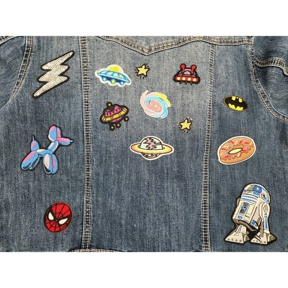 Jean Jacket Embellished Sequin Embroidered Patches Pins Button Up Women’s Sz S - Picture 9 of 12